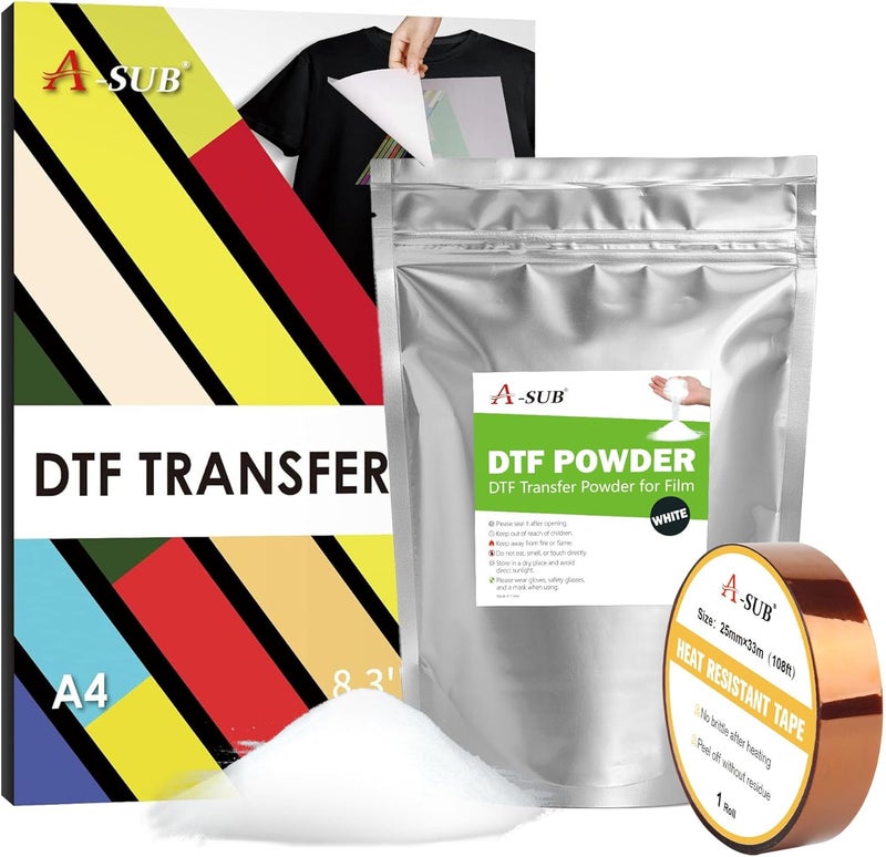 A-SUB DTF Transfer Film and Powder Kit - 30 Sheets A4 DTF Film for Sublimation and DTF Printer, 1.1lb/500g White Medium DTF Powder, DTF Starter Kit for Printing on Any Fabrics - Image 1